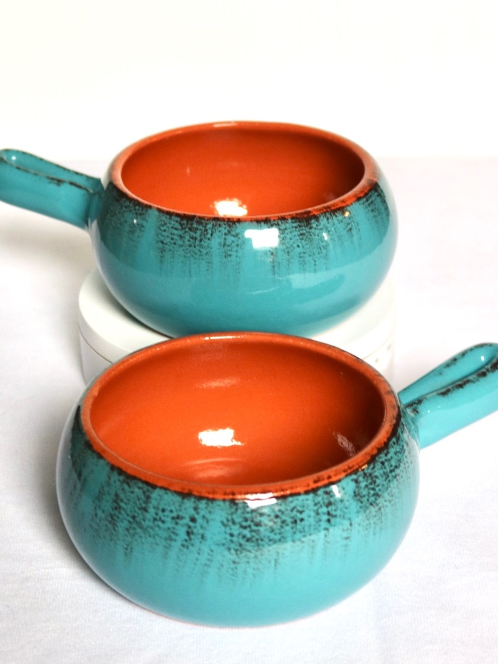 DA SILVA Set of 2 Handled Teal Glazed Soup Chili Bowls Oven Terracotta Italy
